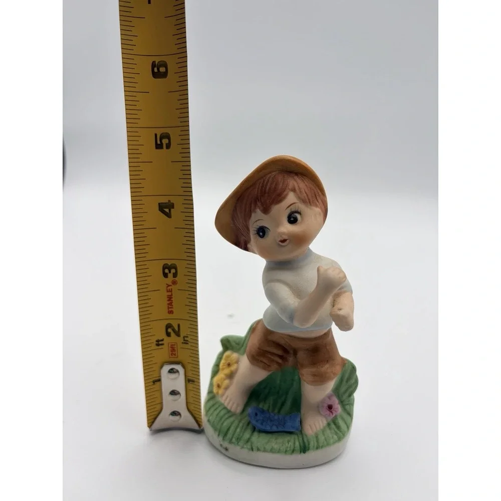 Vintage Korea Hand Painted Porcelain Cute Fishing Boy Figurine